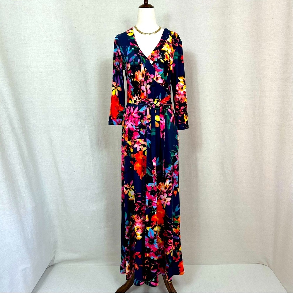 Floral Navy Long Sleeve Wrap Maxi Dress